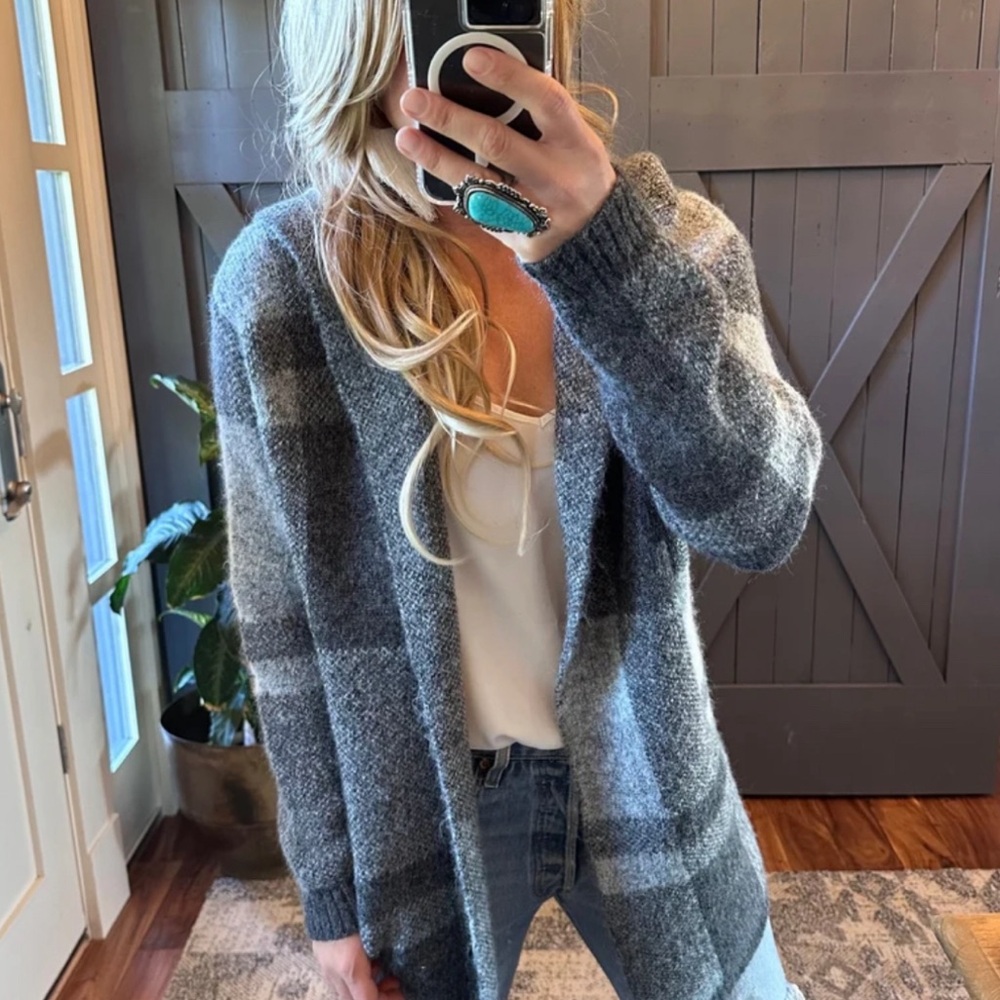 New Hooded Cardigan Grey Plaid Western Sweater Coat Shacket